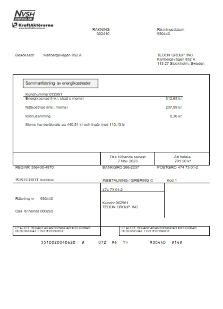 NVSH Energi utility business bill,  SCR PSD template